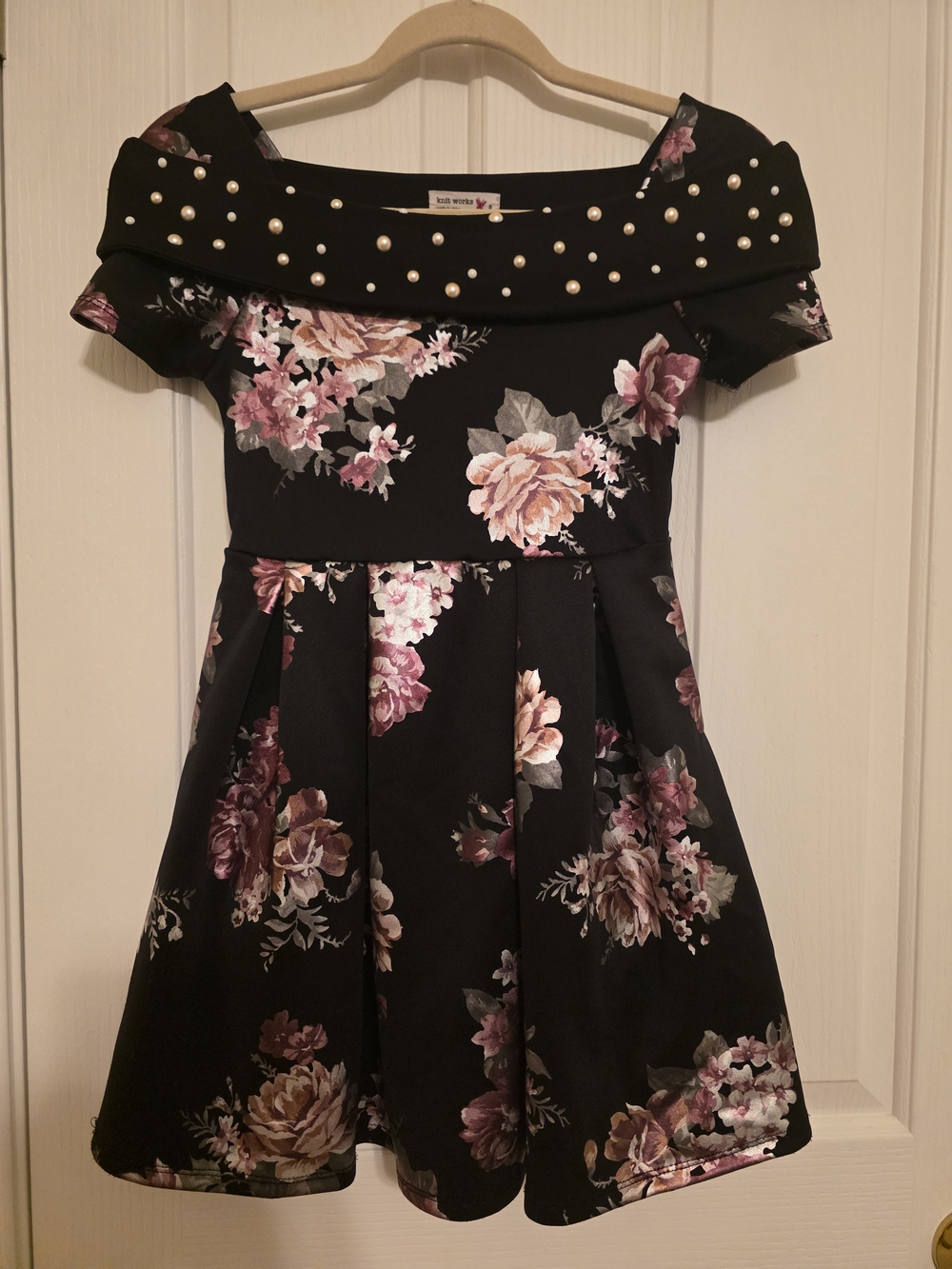 Knit Works Girls Floral A-Line Dress Size 8 Black Metallic Pearl Off Shoulder